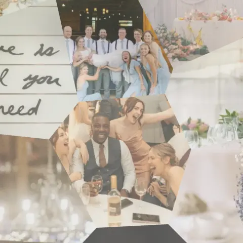 A wedding photo built from organic cells of smaller wedding photos