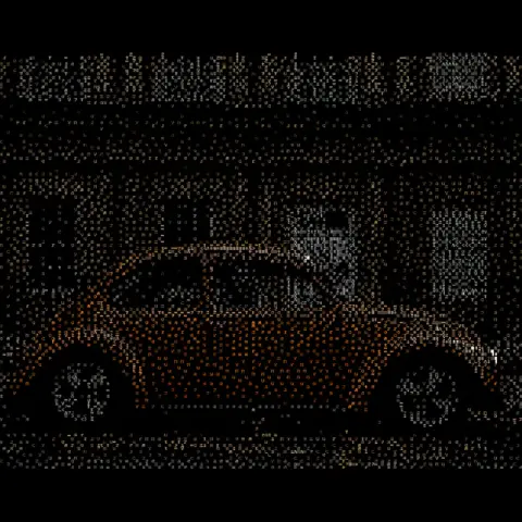 A vintage car on a city street rendered as colored ASCII characters