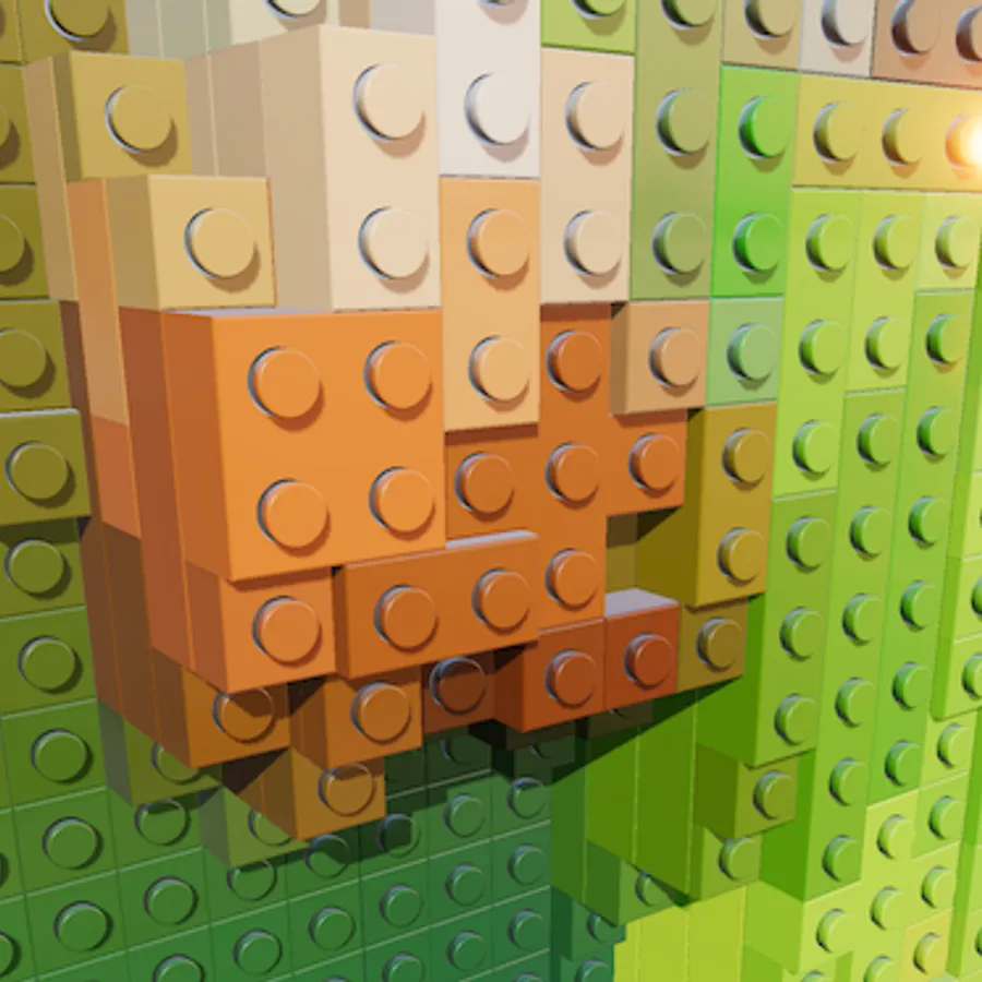 Close-up of a photo rebuilt from 3D brick pieces with studs